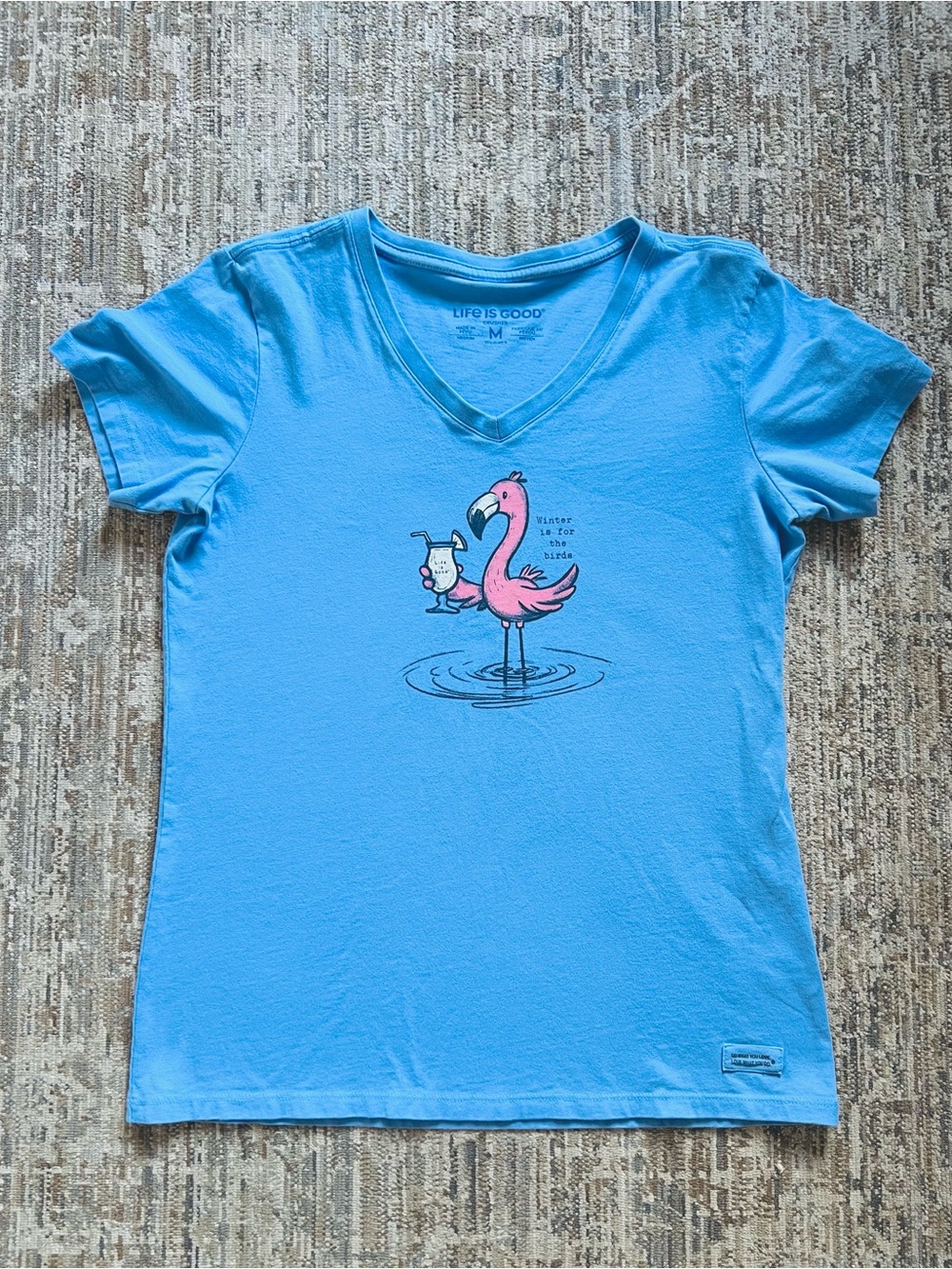 Life Is Good Sky Blue V-Neck Flamingo Drink Graphic Tee
